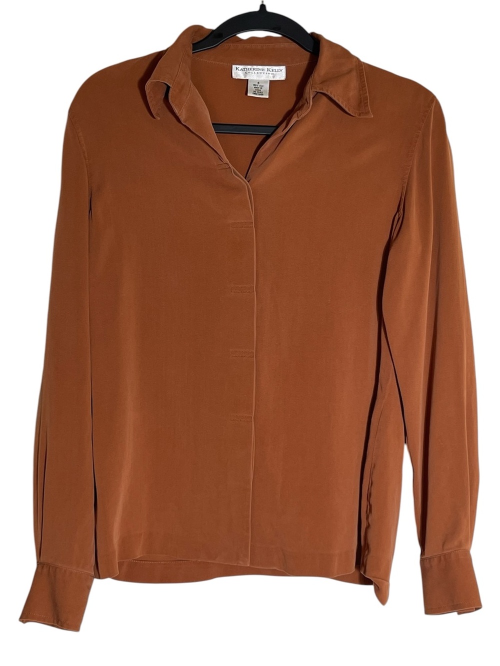 100% Silk Rust Brown Hidden Button Blouse Katherine Kelly Collection Size 6 - Picture 2 of 10